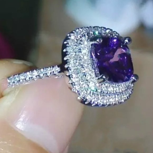*NEW Purple Cushion Amethyst Diamond Halo Ring - Picture 7 of 7